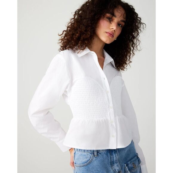 NWT Steve Madden Marisol Cotton Smocked Corset Detail Shirt in White Size Small - Picture 4 of 16